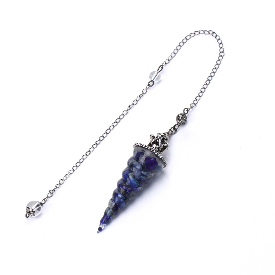 Crystal pendulum with chain on a white background