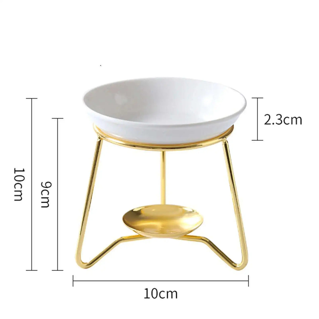 White bowl with gold stand and measurements on a white background