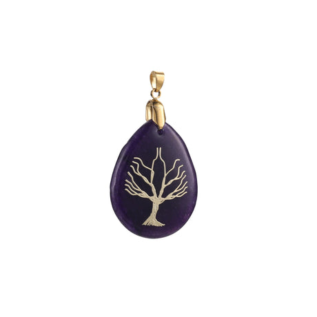 Purple teardrop-shaped pendant with gold tree design on a white background