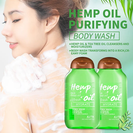 Two bottles of Hemp Oil Purifying Body Wash with a woman washing her face, on a light green background.