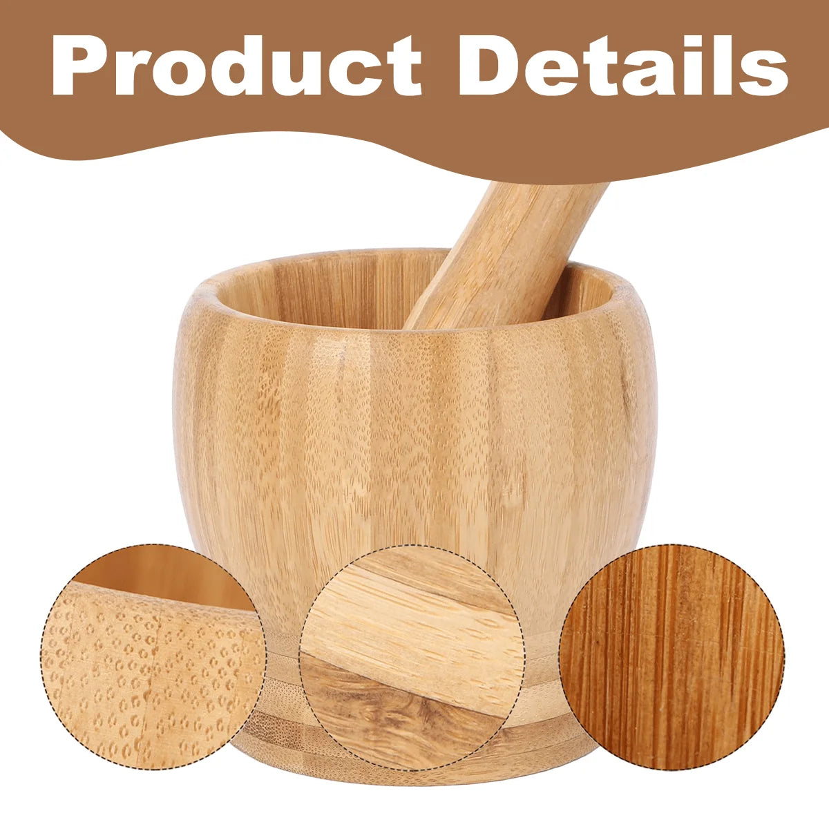 Wooden mortar and pestle with close-up details on a white background