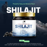 Shilajit supplement jar with mountain and person in the background
