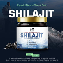 Shilajit supplement jar with mountain and person in the background