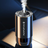 Blue and rose gold humidifier with steam emerging, branded 'Arnahaishe', on a dark background.