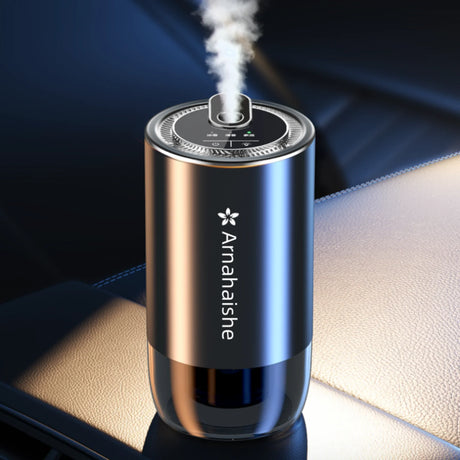 Blue and rose gold humidifier with steam emerging, branded 'Arnahaishe', on a dark background.