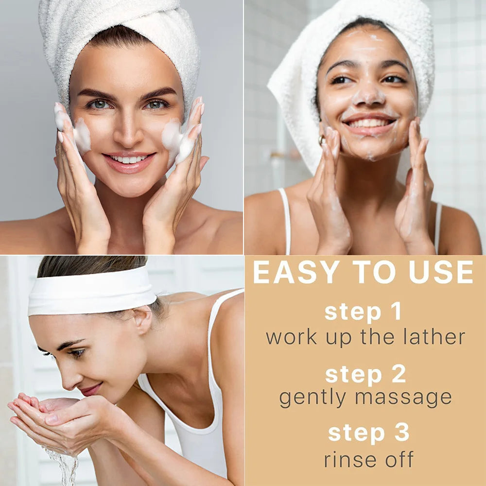 Three women applying a facial cleanser with text on how to use it.