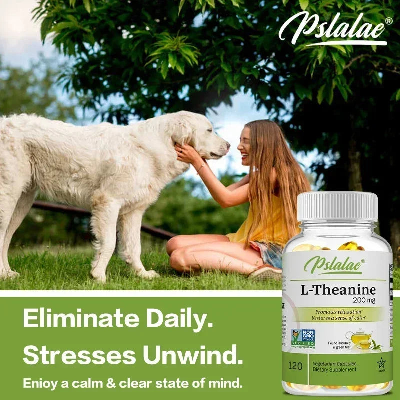 Woman petting a dog with a bottle of Pslalae L-Theanine supplement in the foreground.