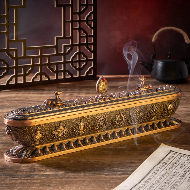 Decorative incense burner with smoking incense on a wooden surface.