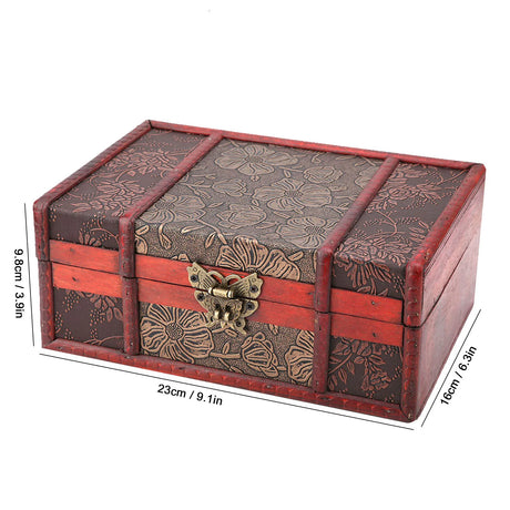 Decorative wooden box with floral patterns and a butterfly clasp, shown with dimensions on a white background.