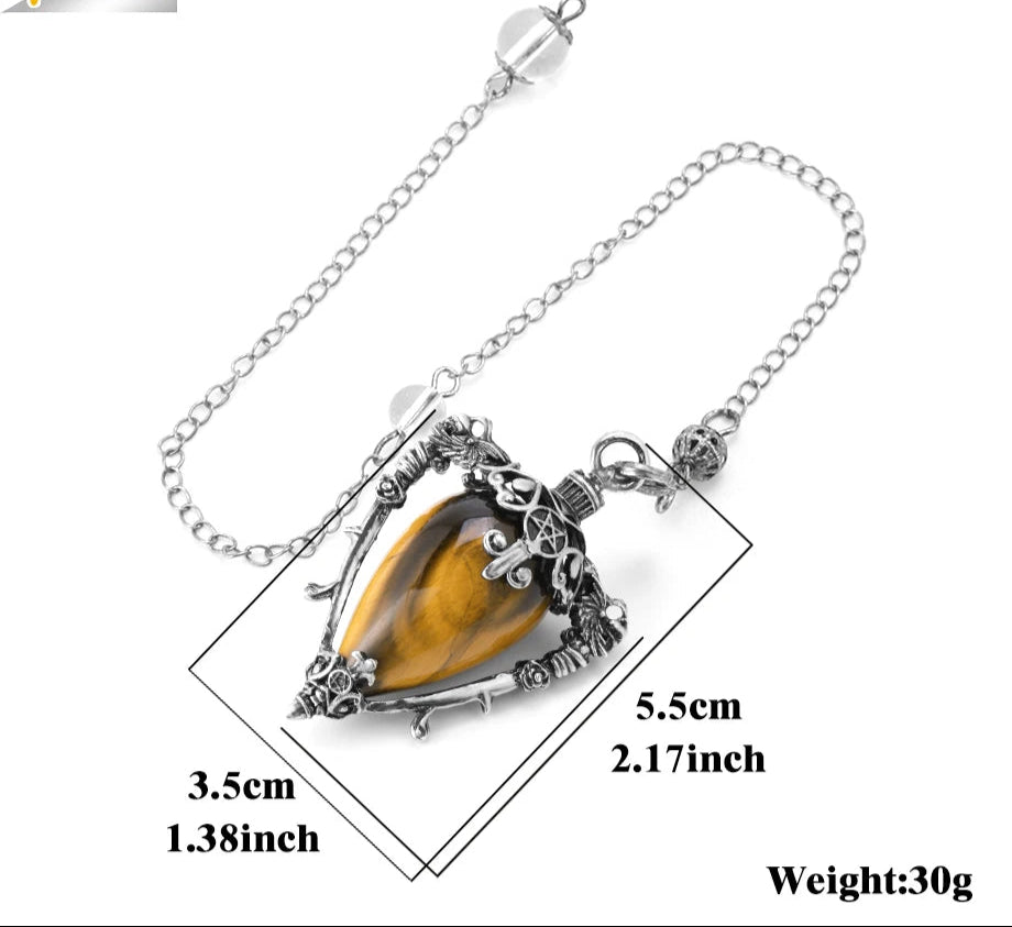 Jewelry with a tiger's eye stone and silver chain, showing measurements and weight on a white background.