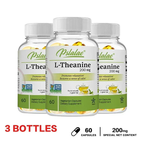 Three bottles of Pslalae L-Theanine 200 mg dietary supplements on a white background