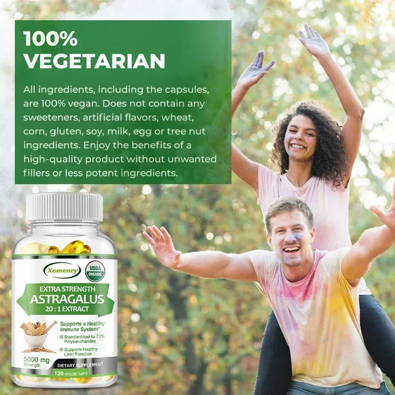 Bottle of Astragalus supplement with a woman and man in a park, highlighting vegetarian and vegan ingredients.