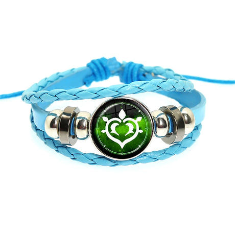 Blue braided bracelet with a green heart symbol on a white background