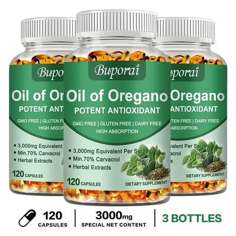Three bottles of Buporai Oil of Oregano supplements on a white background
