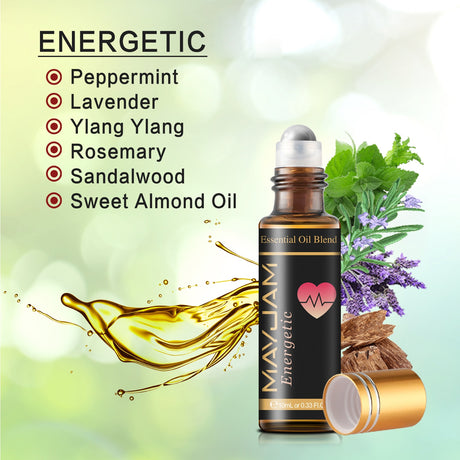 Mayuam Energetic essential oil blend bottle with ingredients listed on a green background
