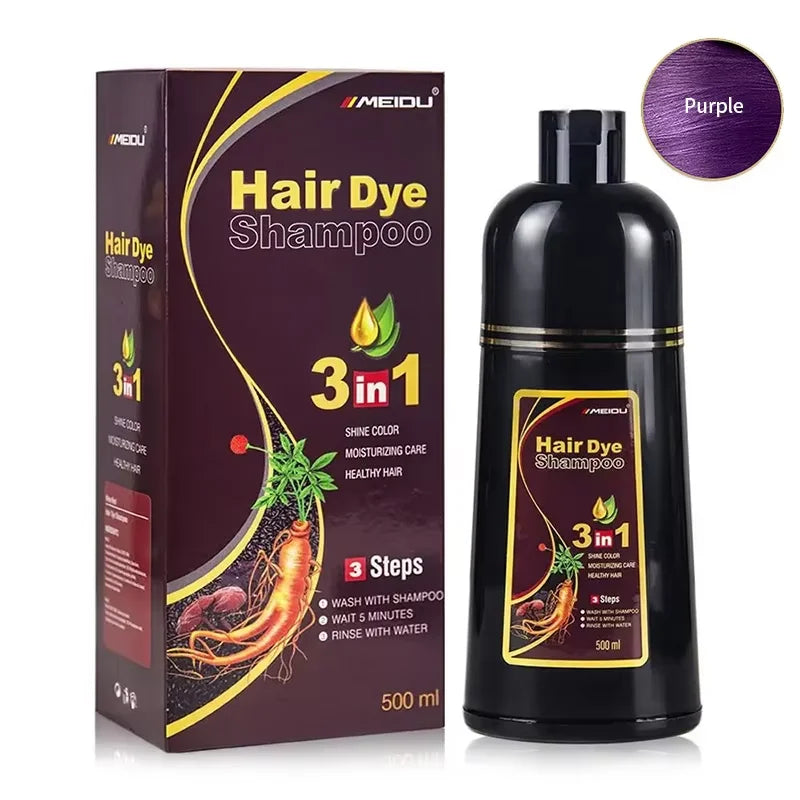 Hair dye shampoo packaging and bottle with purple color swatch on a white background