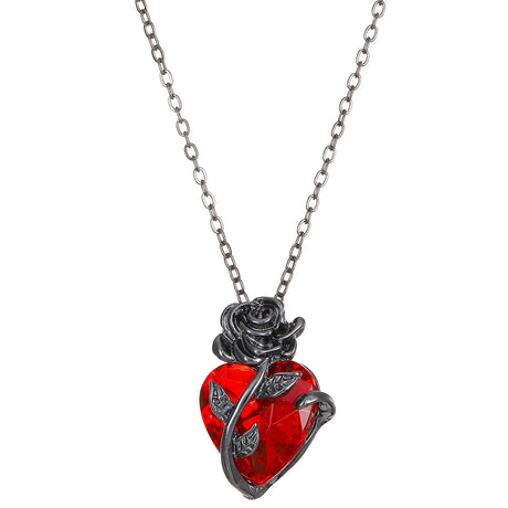 Necklace with a red heart-shaped pendant and rose design on a white background
