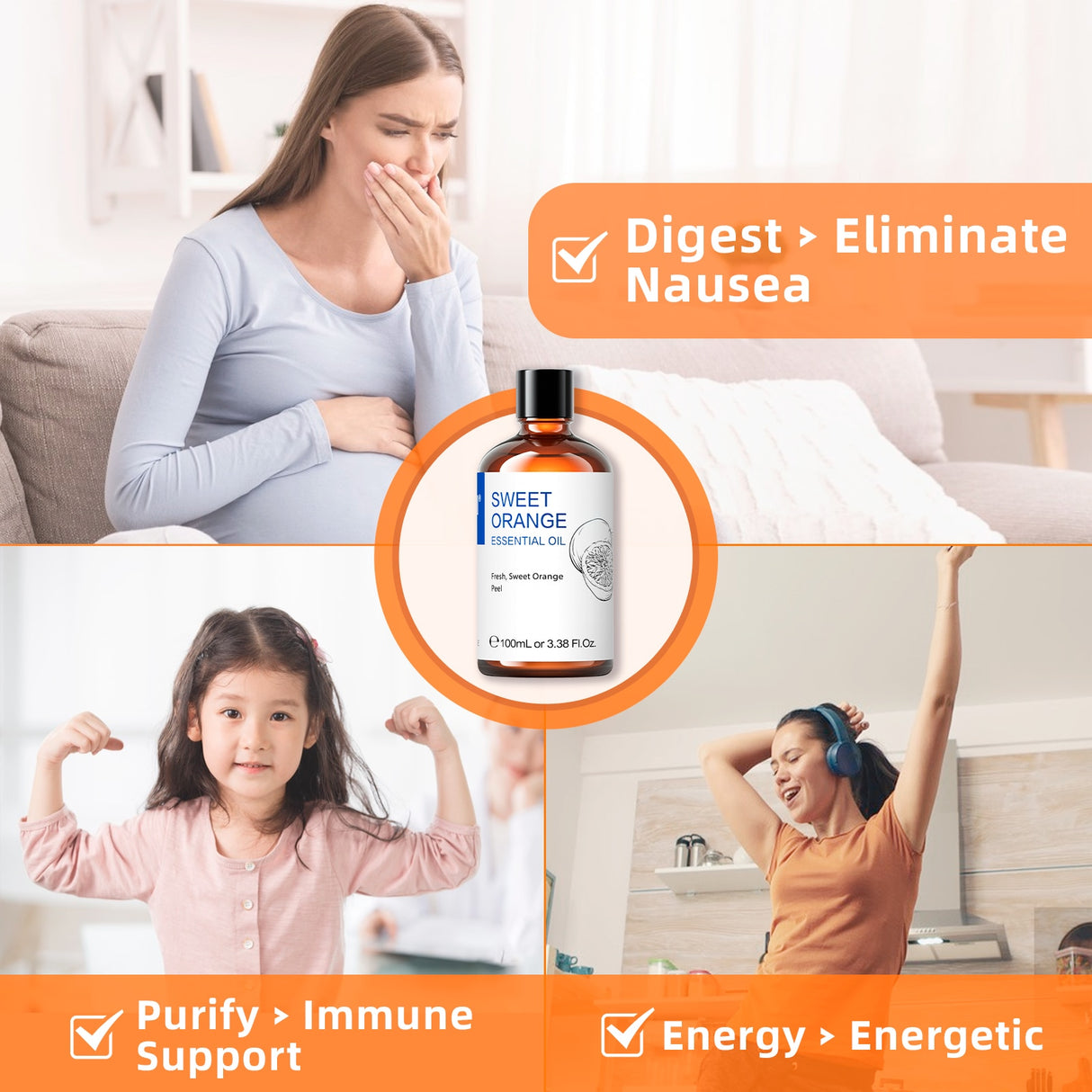 Bottle of Sweet Orange essential oil with images of a woman, child, and person exercising, labeled for digestive, immune support, and energy benefits.