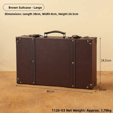 Brown suitcase with dimensions and weight information on a beige background