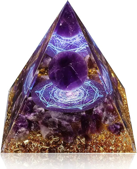 Triangular pyramid with purple crystal and geometric design on a white background