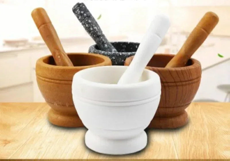 Mortar and pestle set on a wooden surface with text overlay