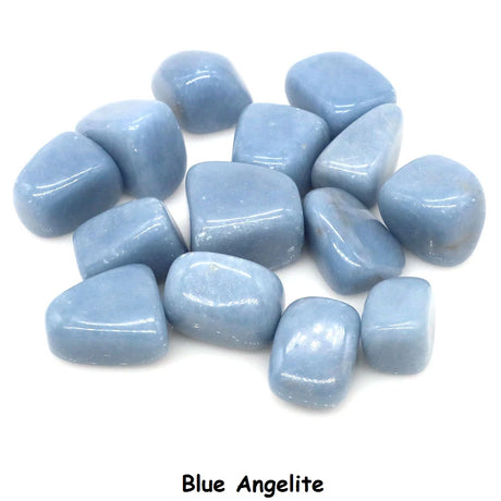 Blue angelite stones on a white background