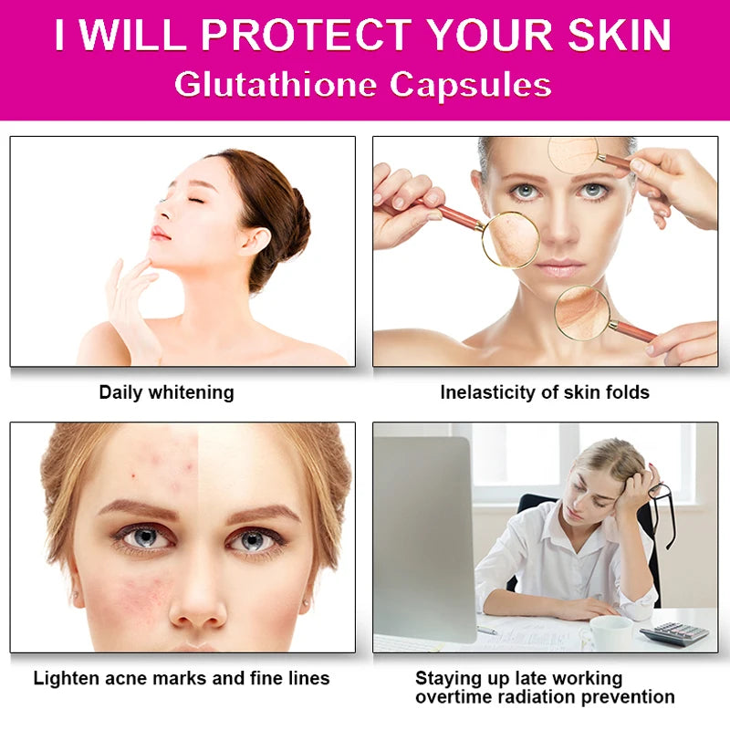 Advertisement for glutathione capsules with images of skin benefits and a person working late.