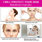 Advertisement for glutathione capsules with images of skin benefits and a person working late.