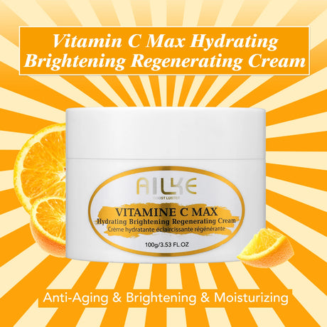 Vitamin C Max Hydrating Brightening Regenerating Cream packaging with oranges on a bright background