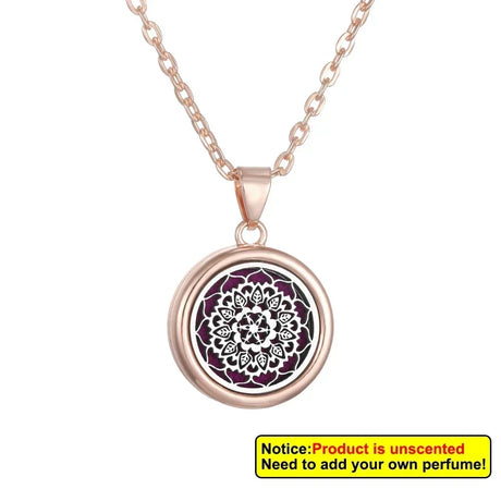 Necklace with a round pendant featuring a floral design on a white background