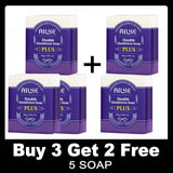 Five bars of AILYE Double Glutathione Soap Plus on a white background with promotional text.