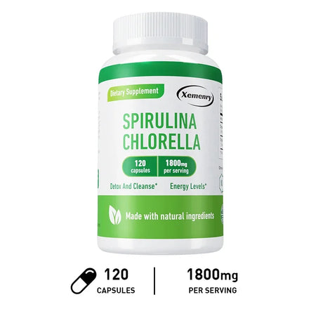 Bottle of Spirulina Chlorella dietary supplement with green and white label on a white background