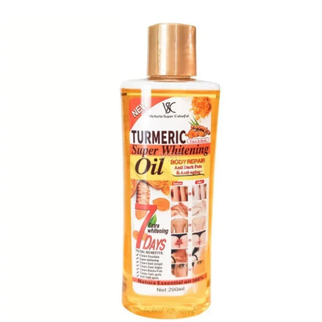 Bottle of turmeric super whitening oil with a gold cap on a white background