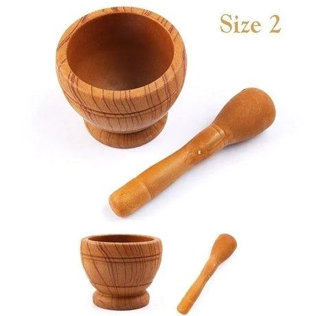 Wooden mortar and pestle set on a white background with 'Size 2' text.