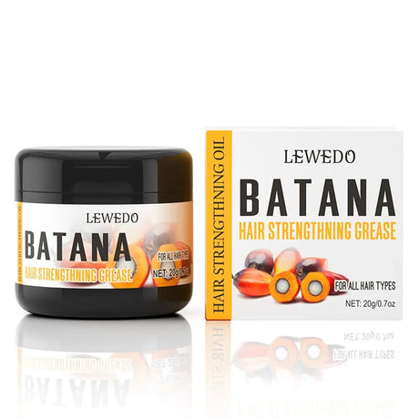 Lewedo Batana hair strengthening grease jar and packaging on a white background