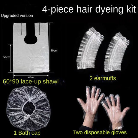 4-piece hair dyeing kit with shawl, ear muffs, bath cap, and gloves on a black background