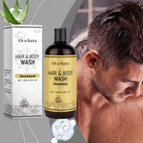 OceAura Hair & Body Wash bottle and packaging with a man washing his hair.