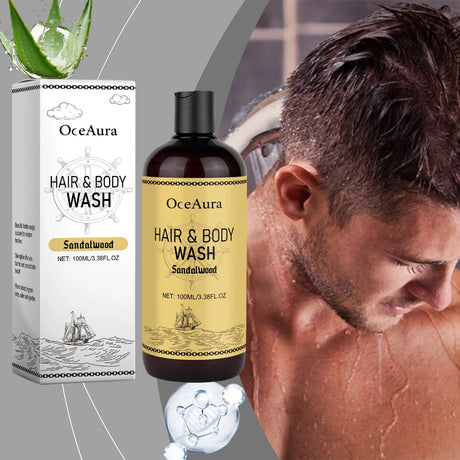 OceAura Hair & Body Wash bottle and packaging with a man washing his hair.