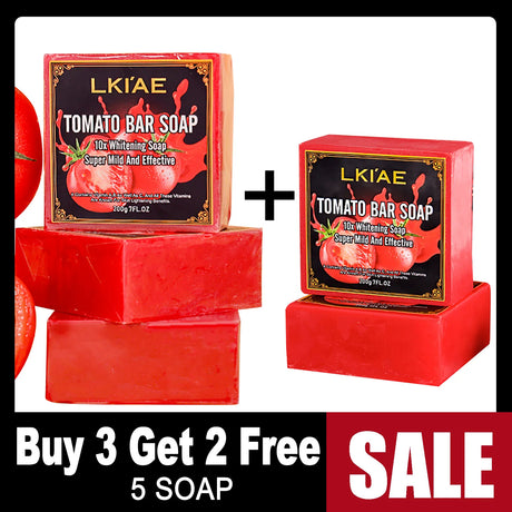 Two boxes of LKIAE Tomato Bar Soap with a 'Buy 3 Get 2 Free' sale label on a white background.