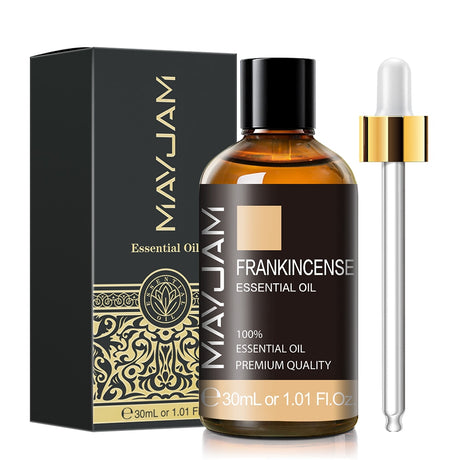 MayJam Frankincense essential oil bottle with dropper and packaging on a white background