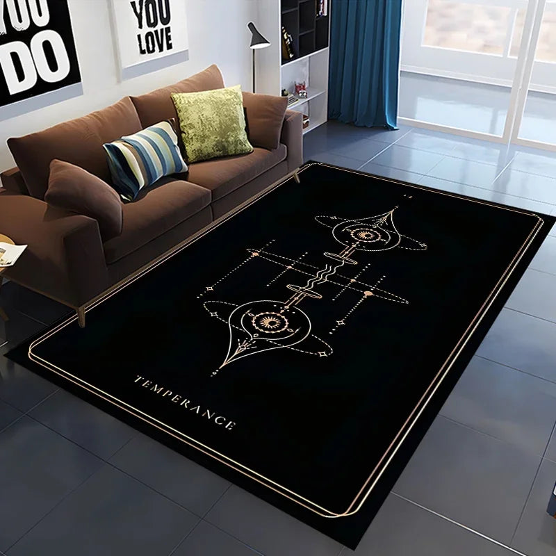 Black rug with white designs and 'Temperance' text in a living room.
