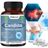 Didacat Candida Advanced Complex supplement bottle with images of a person holding their stomach and a gut illustration.