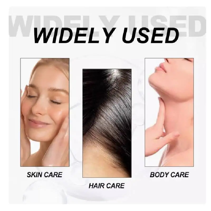 Product advertisement showing skin care, hair care, and body care applications with text 'Widely Used'.