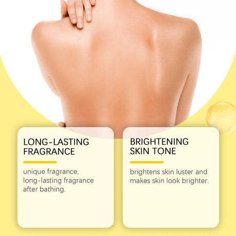 Back of a person with text highlighting long-lasting fragrance and brightening skin tone.