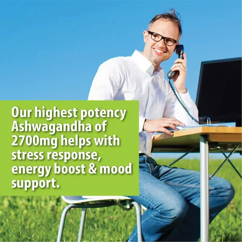 Man sitting outdoors at a table with a phone to his ear, green text box with product information.