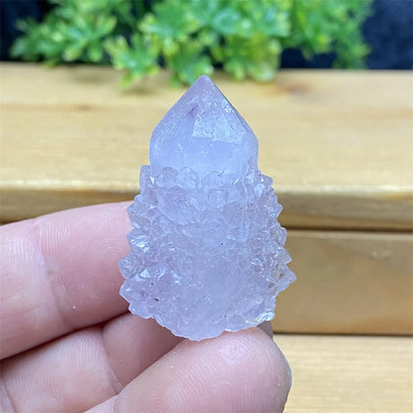 Clear crystal held in a hand with a natural background