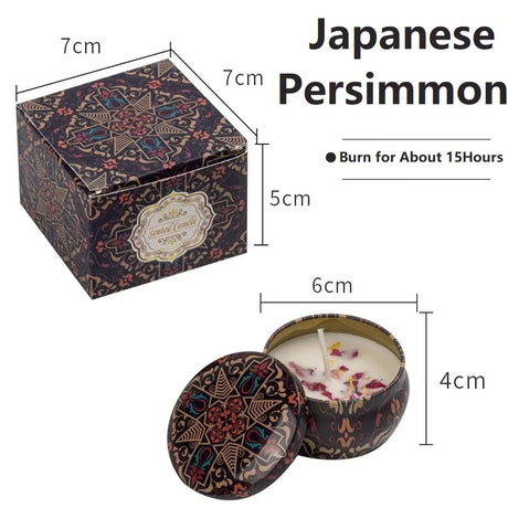 Decorative candle in a tin with measurements and product name 'Japanese Persimmon'.