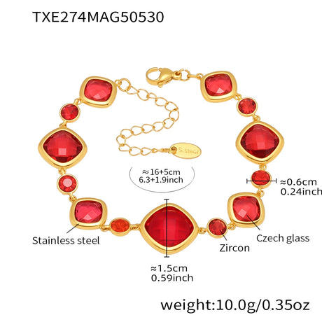 Gold bracelet with red stones and measurements on a white background