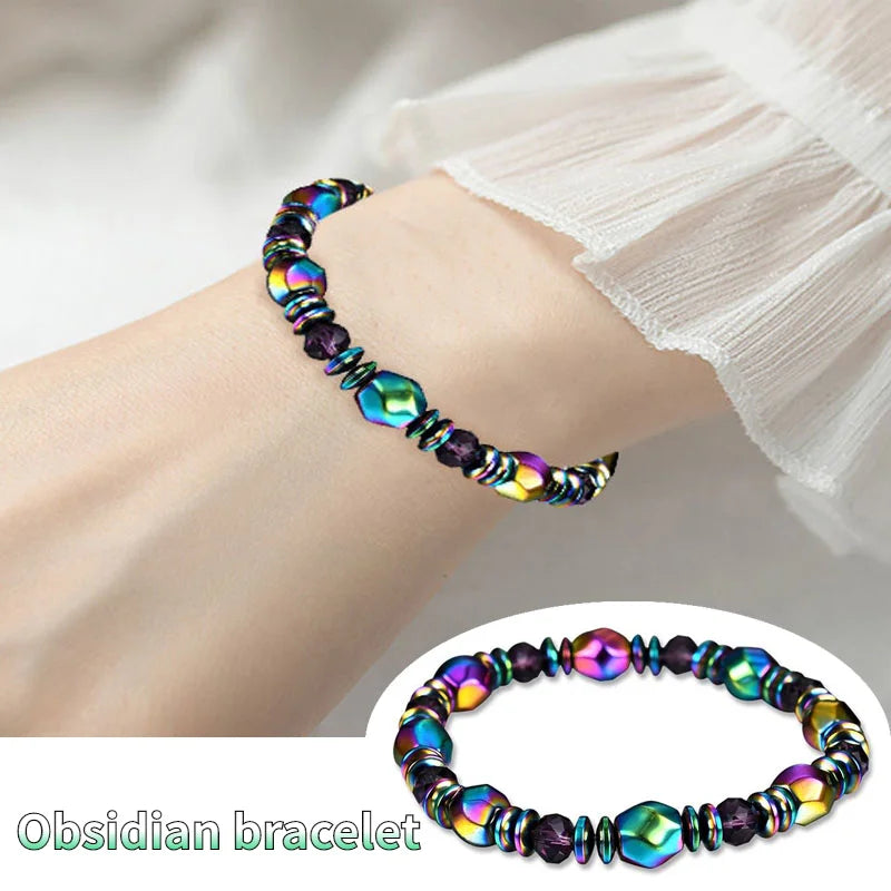 Multicolored beaded bracelet on a wrist with an inset showing the bracelet on a white background.