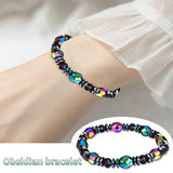 Multicolored beaded bracelet on a wrist with an inset showing the bracelet on a white background.